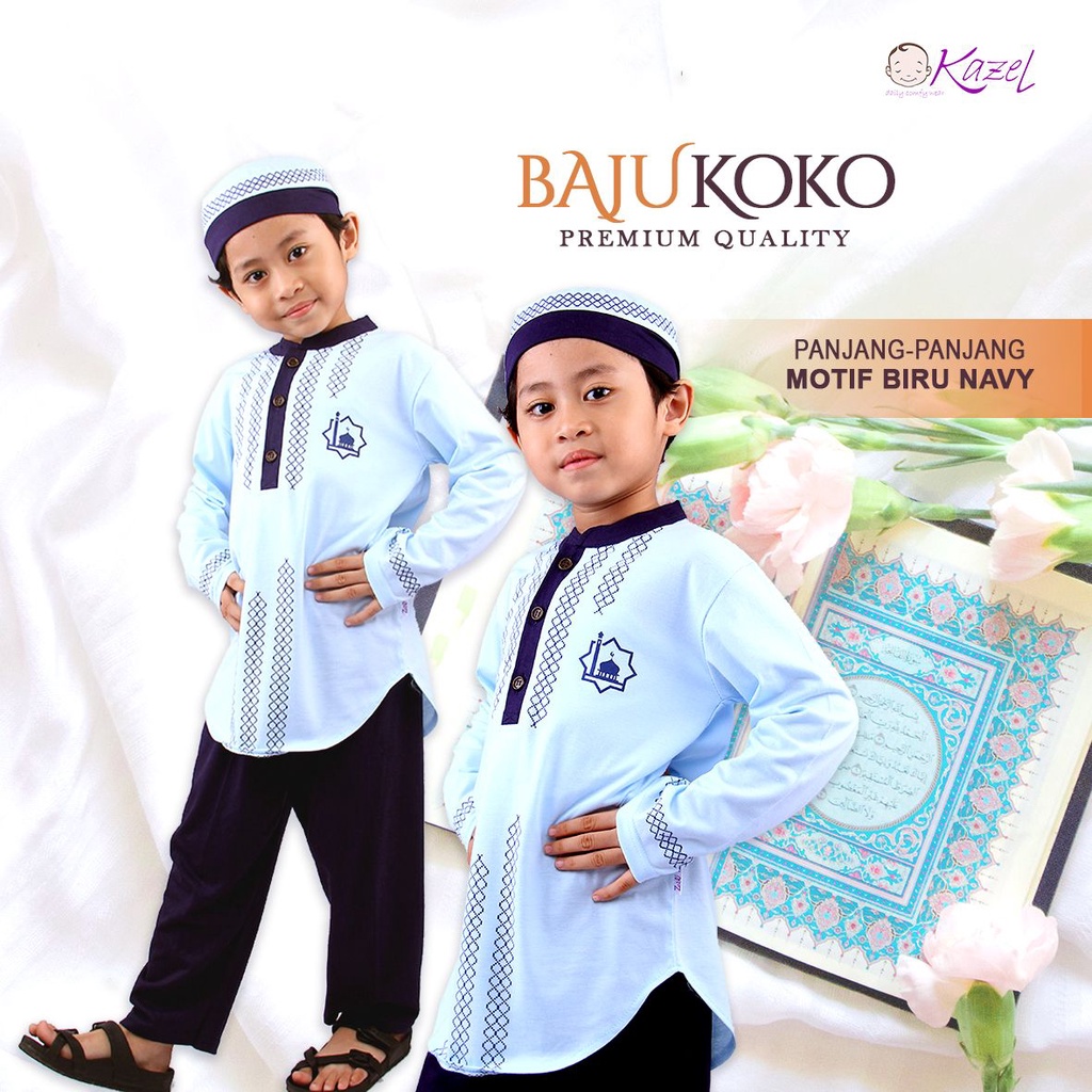 Kazel Koko Setelan Panjang + topi Set / Pakaian Muslim Anak Laki-Laki