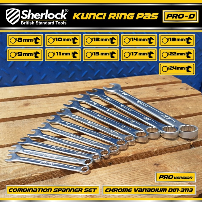 Kunci Ring Pas Set (11 pcs) Sherlock PRO-D 8mm -24 mm Chrume Vanadium DIN-3113