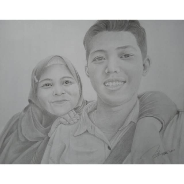 Sketsa dua wajah pensil hitam putih ukuran A4 (21x30) GRATIS BINGKAI
