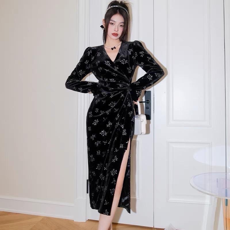 D1 Kimono velvet long dress lengan panjang v neck motif bunga / korean vintage dress elegant / dress party / dress malam