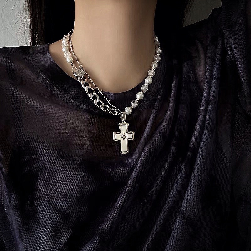 Kalung Rantai Bahan Titanium steel Aksen Mutiara Gaya hip hop Untuk Wanita