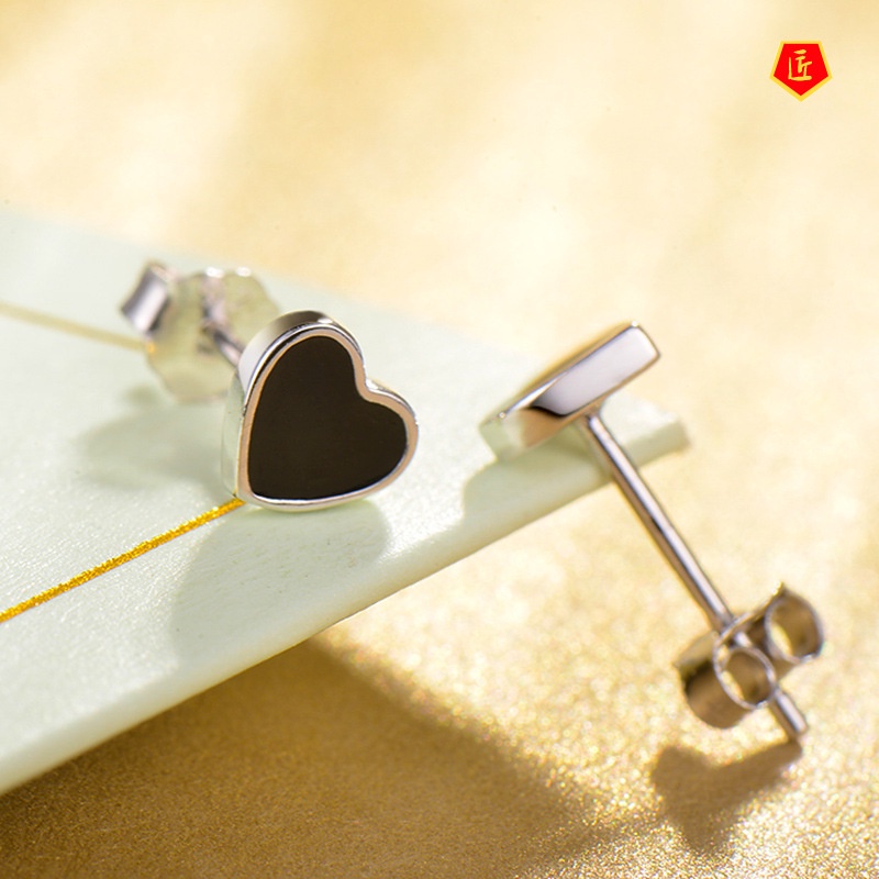 [Ready Stock]Silver Black Classic Heart-Shaped Geometric Ear Studs