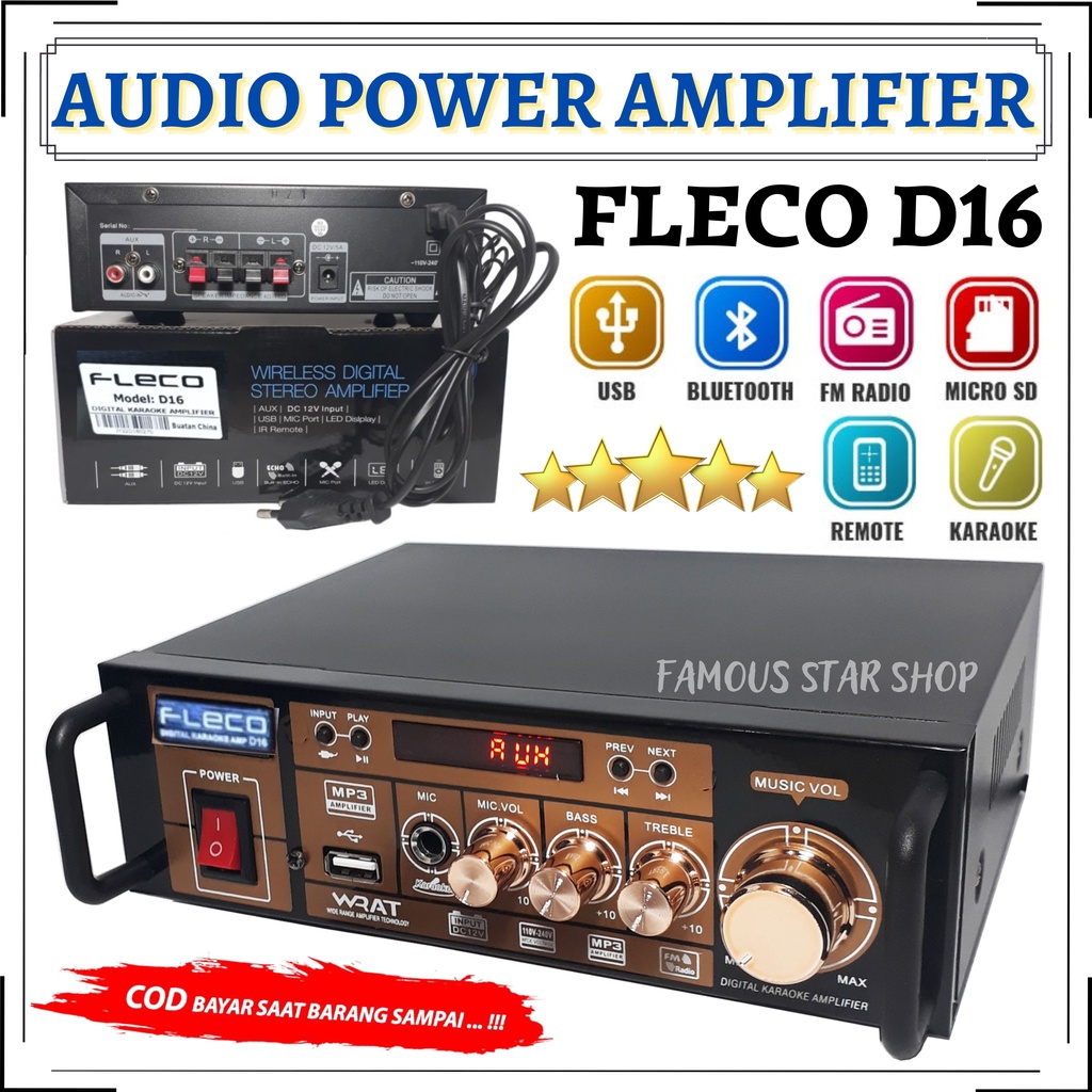 Audio Power Amplifier FLECO D-16 Bluetooth Stereo Karaoke + Mp3 player + FM Radio | Fleco D16 Ampli Mini Termurah | Amplifier Bluetooth | FMS