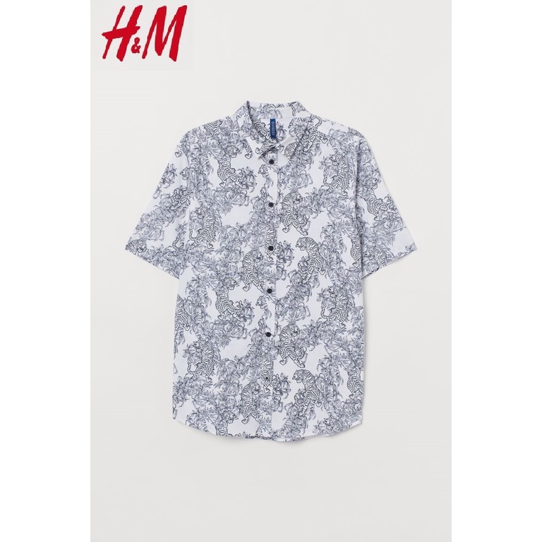 H&amp;M Kemeja White Tiger 100% Katun Patterned Cotton Shirt Original Divided HnM