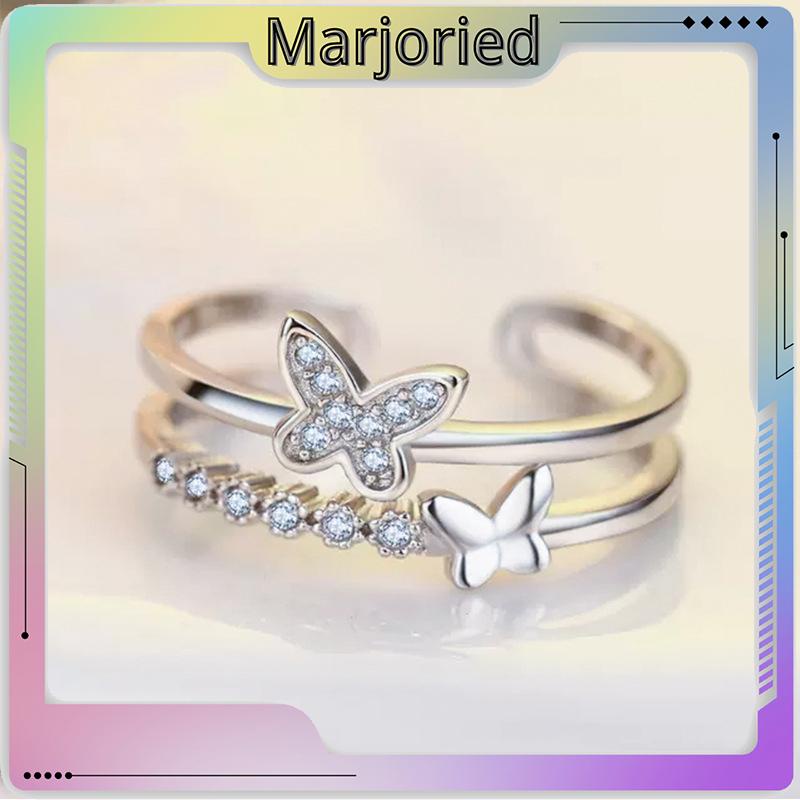 Double Butterfly Diamond Ring Pembukaan Cincin Dapat Disesuaikan Wanita Fashion Perhiasan Aksesoris Hadiah Natal-MJD