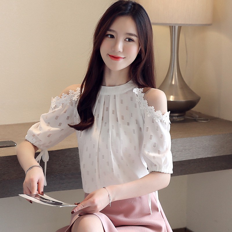 [baju wanita import] blouse Wanita Lengan Pendek Tanpa Tali Strap Casual Bahan Sifon Warna Putih