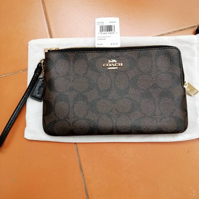 Coach large wristlet double zip brown-black