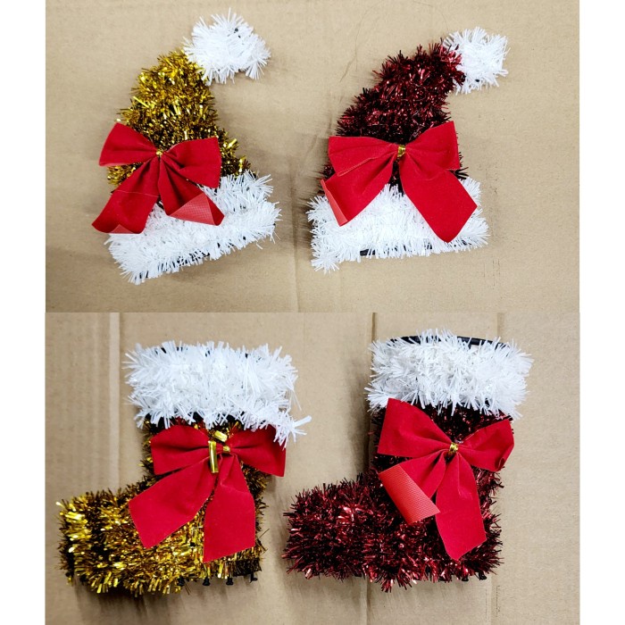 Tinsel Natal Murah Dekorasi Christmas Hat Snowman Natal Pita Merah GROSIR