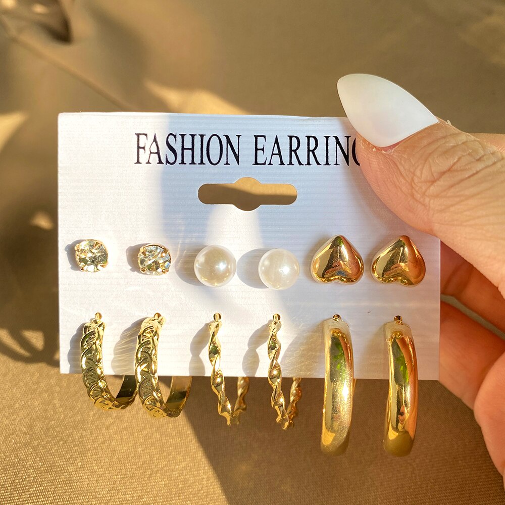 12pcs / Set Anting Hoop Geometris Warna Emas Aksen Mutiara Gaya Vintage Punk Untuk Wanita