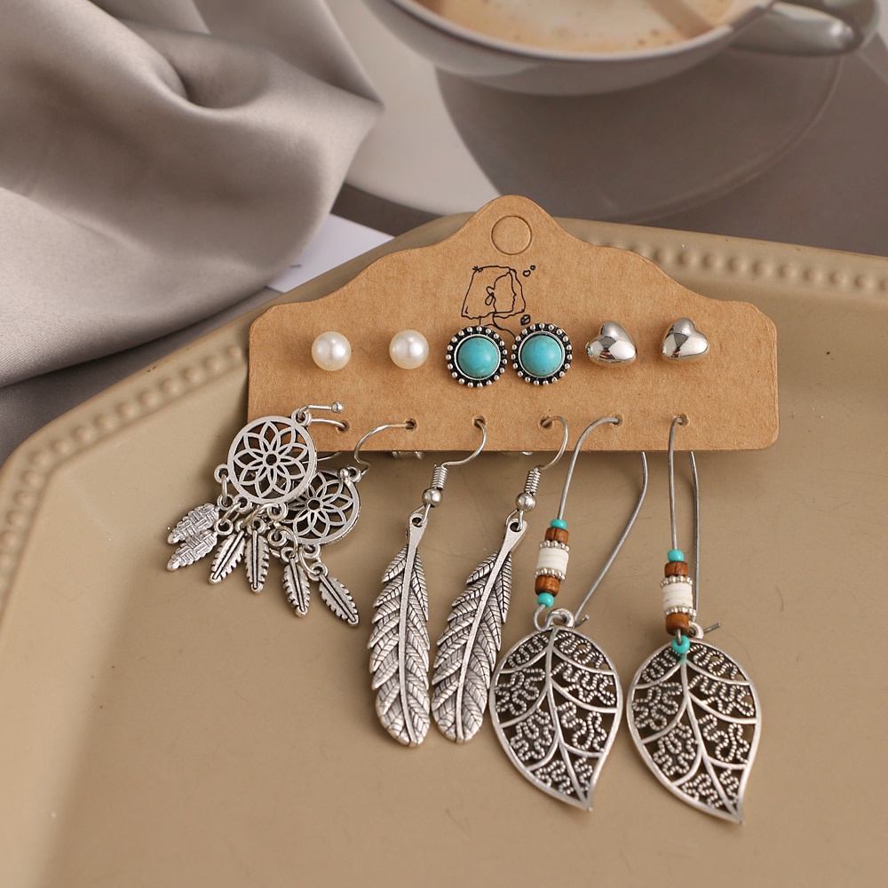 12pcs Set  Bohemian Earrings Set Ethnic Ladies Feather Sun and Moon Pendant Earrings Statement Women's Fashion Jewelry