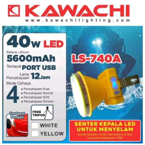 Senter Kepala Selam Headlamp Kawachi LS-740A atau B Putih Charger 40 Watt Ori