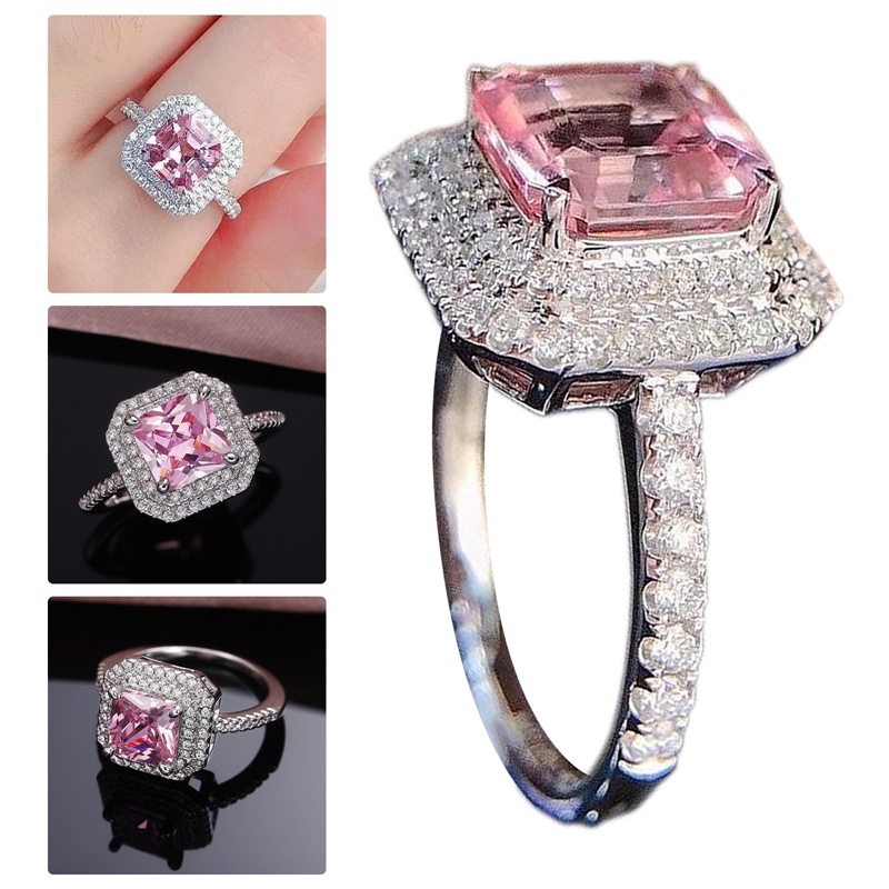 Cincin Tunangan Hias Cubic Zirconia Bentuk Persegi Warna Pink Untuk Wanita