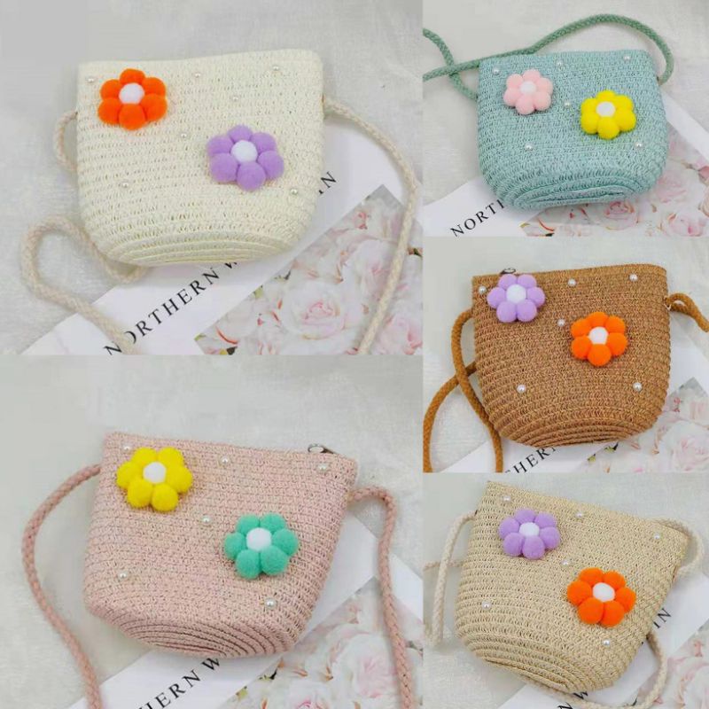 DBCOL Tas Selempang Anak Bahan Rajut Model Korea Motif Bunga Pearl/Slingbag Fashion Anak Gaya Korea