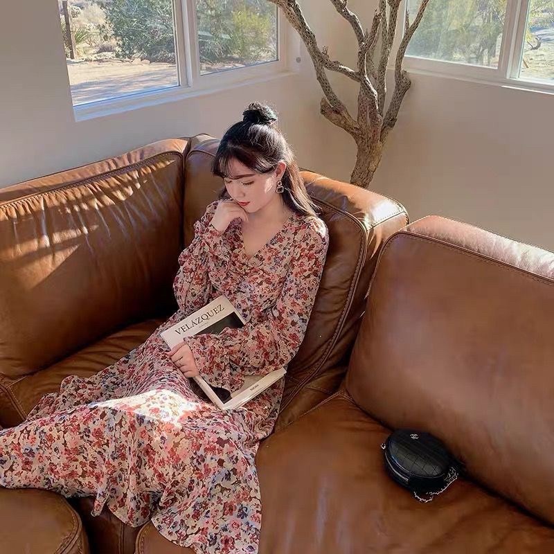 Floral Dress Import / Dress motif bunga muslim lengan panjang Korean style Import