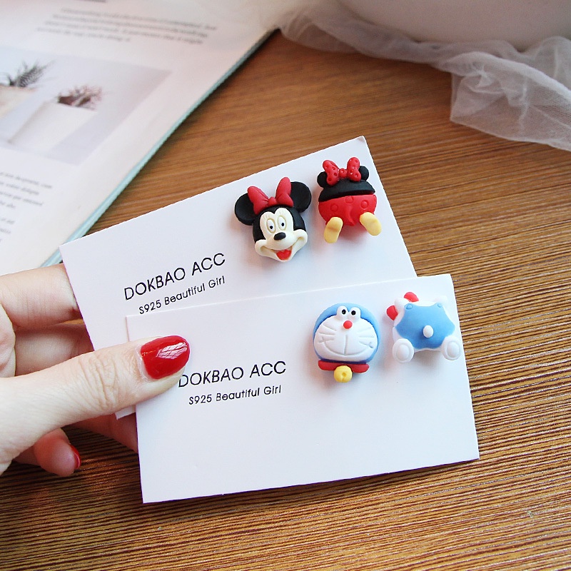 Anting Tusuk silver needle resin Asimetris 11 Model Hewan Mickey Bear Dinosaurus Untuk Anak Perempuan