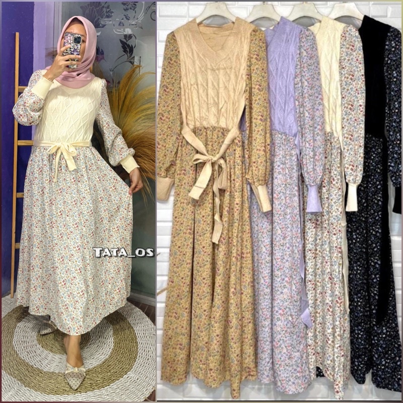 TATAOS BANGKOK AMELIA DRESS GAMIS RAJUT WOL IMPORT MIX BUNGA