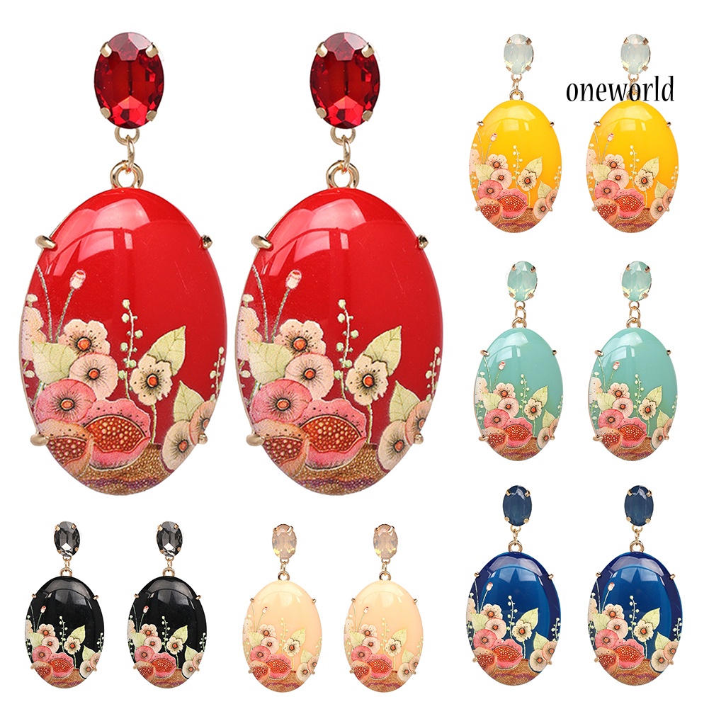 OW@ Elegant Women Resin Oval Shape Flower Pendant Earrings Rhinestone Inlaid Jewelry