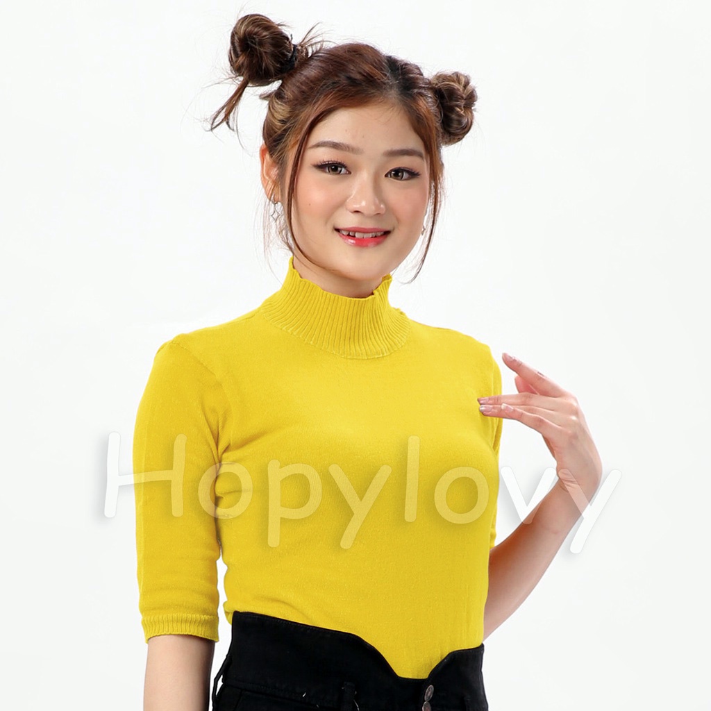 HOPYLOVY Blouse Rajut Turtleneck Wanita Lengan 3 per 4 Rafika-YELLOW