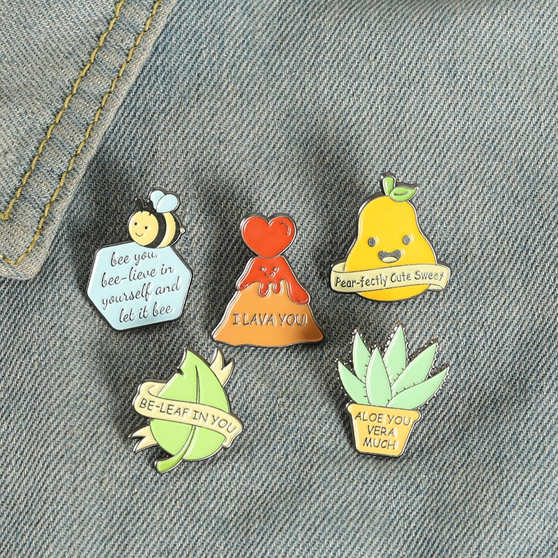 Funny Phrases Banner Enamel Pin Lava Bee Leaf Pear Aloe Brooch Badges Cartoon Plants Jewelry Gift