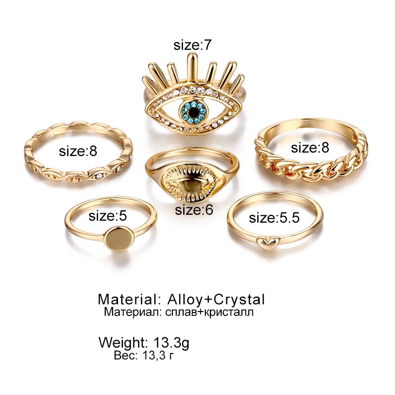 Set 6 Pcs Cincin Kristal Bentuk Hati Warna Emas Untuk Wanita