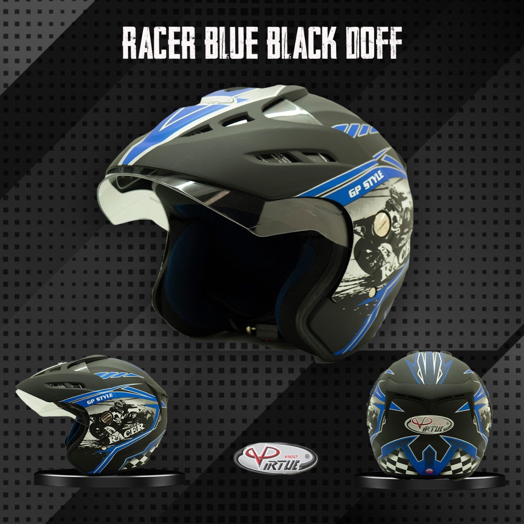 VIRTUE Helm Motor SNI Half Face Racer Blue Black Gloss