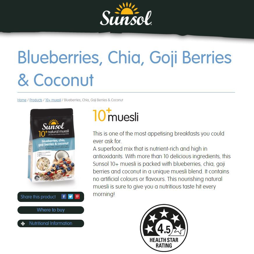 Sunsol 10+ Natural Muesli Blueberries, Chia, Goji Berries, Coconut 500g