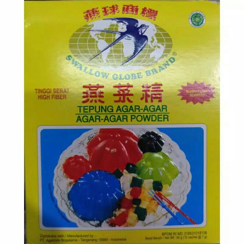 Tepung Agar-agar Swallow Globe 7gr Pain Bening Coklat Hijau Merah