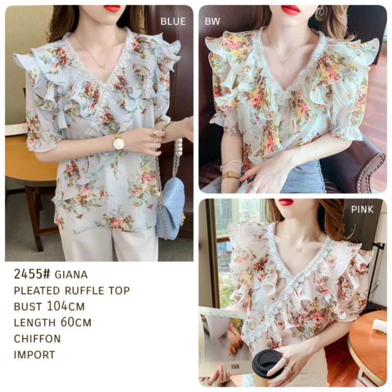 MDLV ~ 2455# Giana Pleated Ruffle Top Blouse Premium Blouse Korea Blouse Import Atasan Chiffon Motif Bunga Import Fashion Import