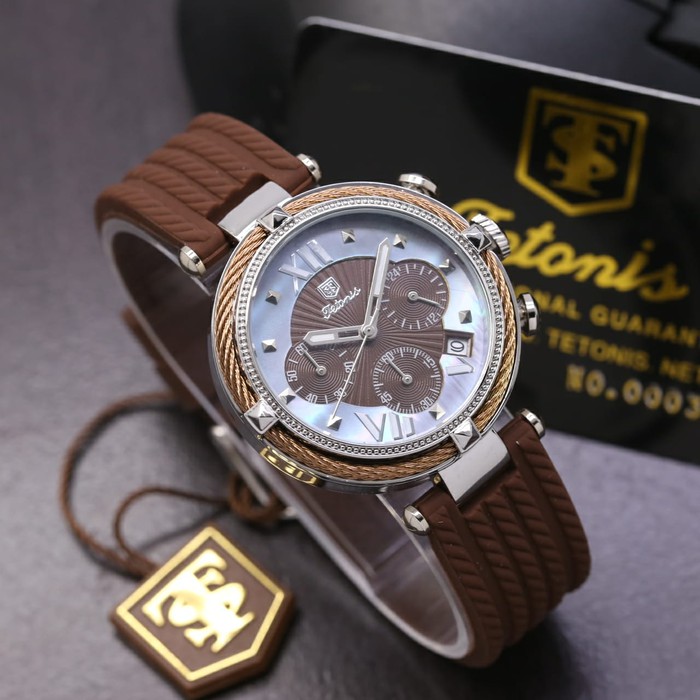 Jam Tangan Wanita / Cewek Tetonis Original Rubber Brown Silver