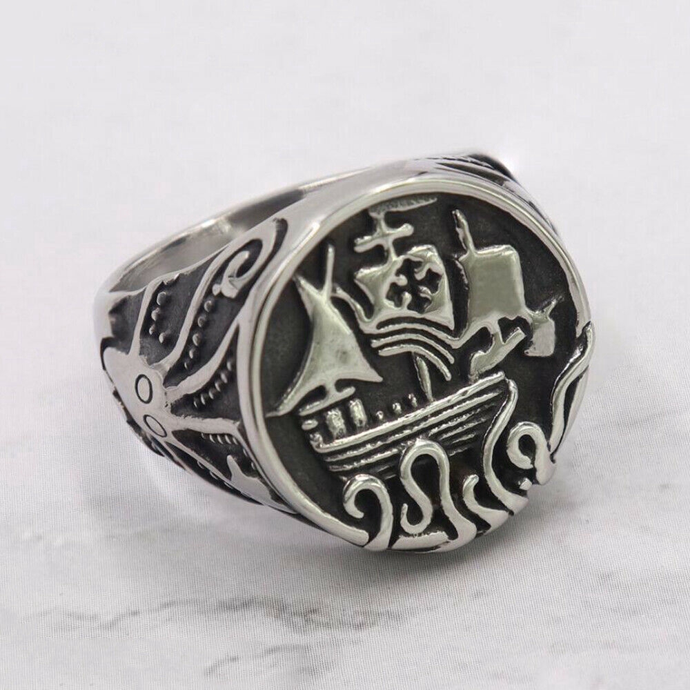 Bajak laut Perahu layar Gurita Vintage Perak Baja Titanium Pria Perhiasan Fashion Punk Cincin Rings