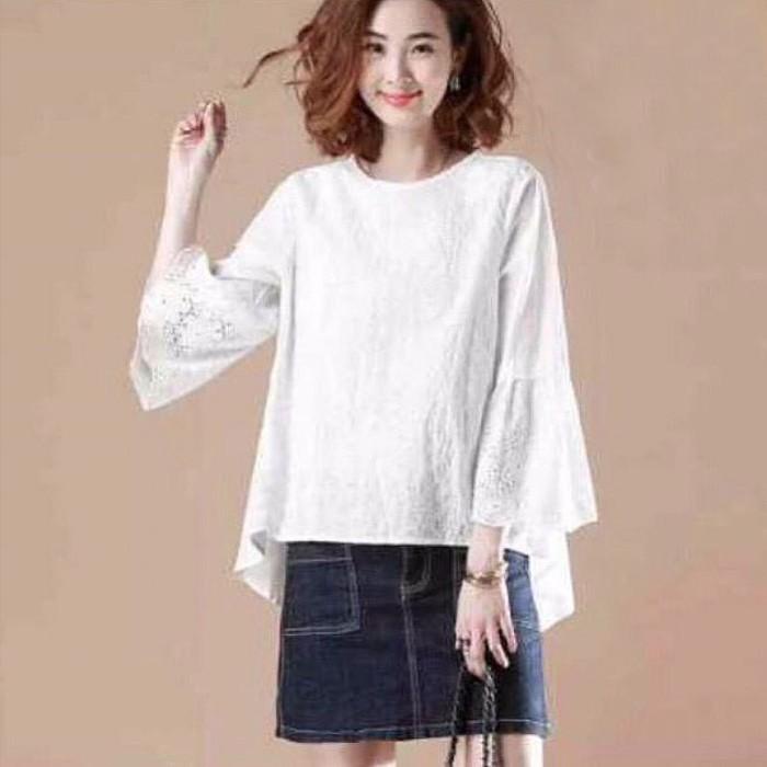 Blus Katun Bordir Putih Penguin Lengan Panjang Terompet Korea Import