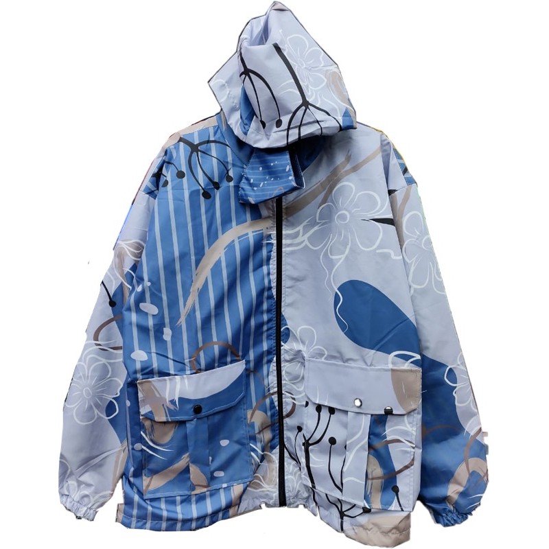 JAKET PARASUT PRINTING WANITA ANTI AIR WATERPROOF free masker OLAHRAGA SEPEDA-Silver blue art