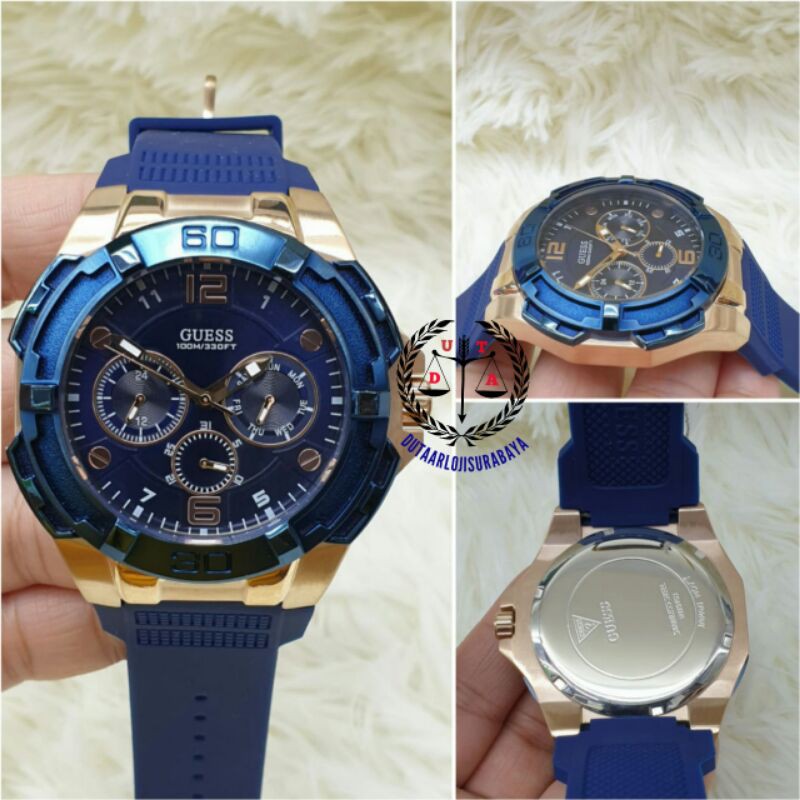 JAM TANGAN GUESS BATRE CRONO RING ROSEGOLD TALI RUBBER KUALITAS ORIGINAL