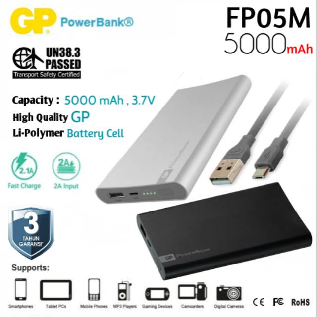 Powerbank 5000 mAh GP Original FP05M Fast Charging 2.1A Real Capacity Promo