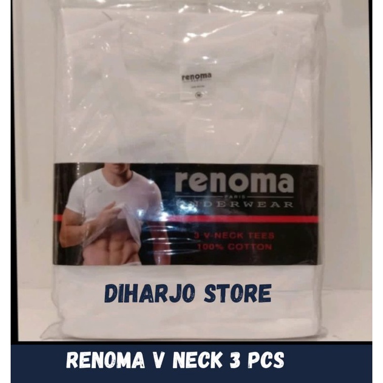 Renoma Kaos Dalam Pria Isi 3 PCS V Neck Kerah Putih Bahan Katun Anti Melar Oblong Tshirt Koas Putih 