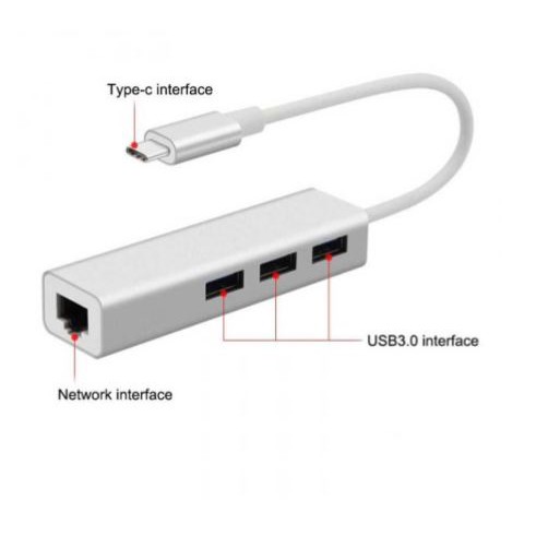 Usb Type-c to Usb 3.0 hub 3 port aluminum with rj45 lan 10/100Mbps ethernet adapter 4in1 for laptop macbook