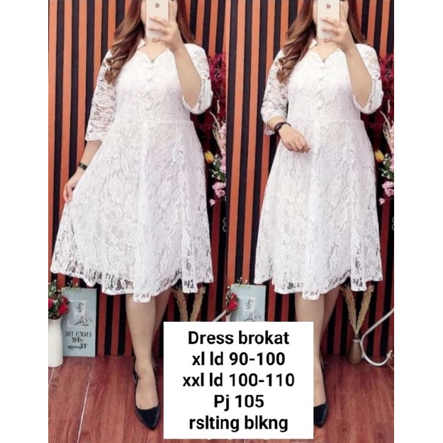 Dress brokat shanghai lengan 3/4 resleting belakang l xl xxl lapis furing putih hitam warna