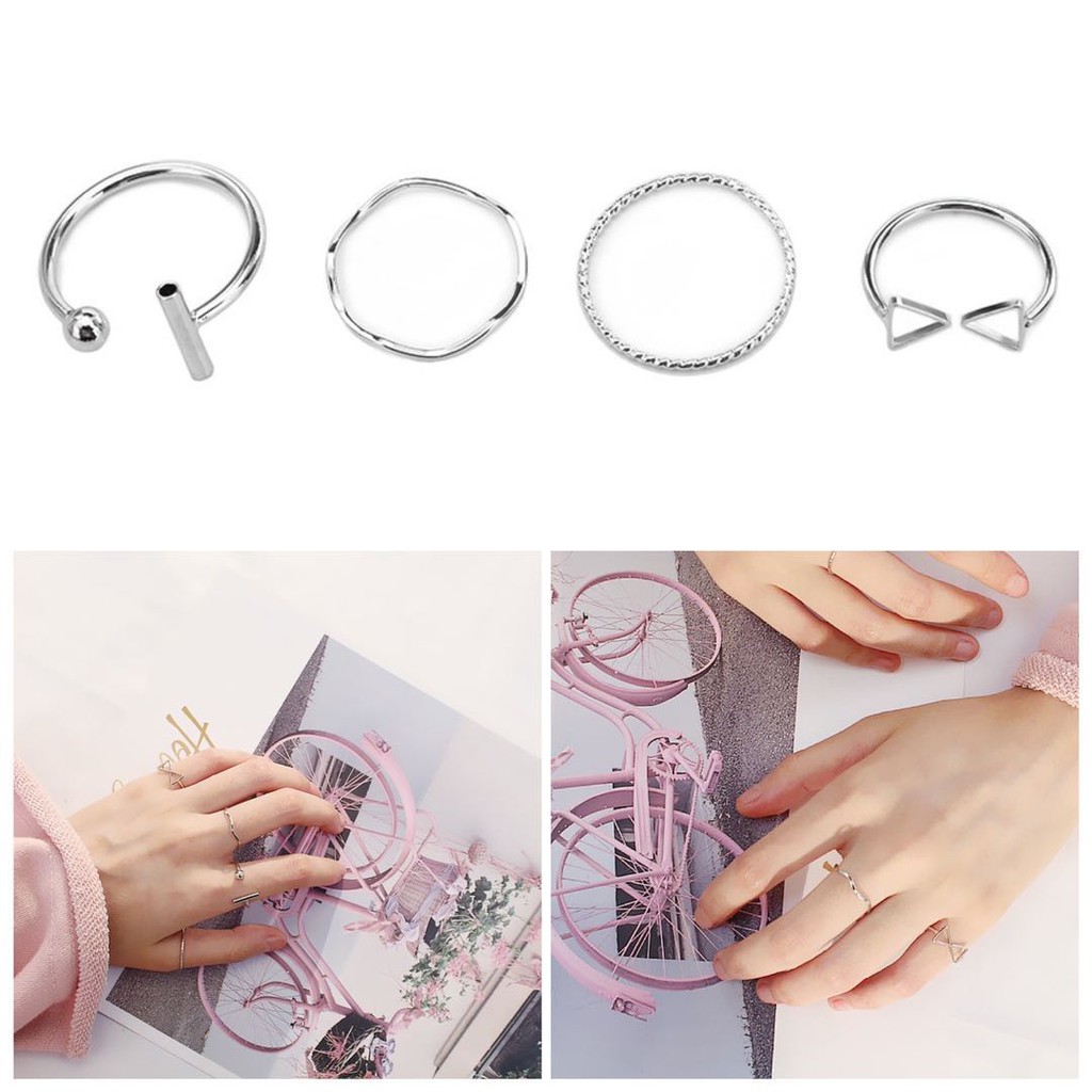 4Pcs / Set Cincin Motif Segitiga Geometri Simple Warna Silver untuk Wanita