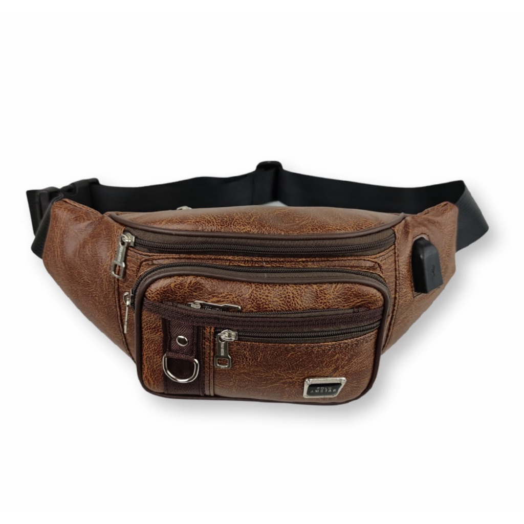 Waistbag Tas Pinggang Kulit PU Leather Original Polo Amstar FREE USB