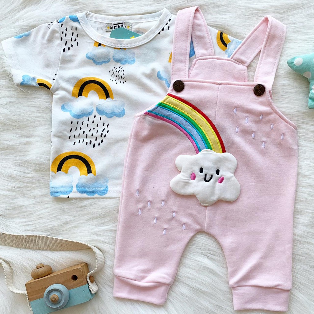 Setelan baju kaos dan overall kodok motif lucu bestseller fashion anak bayi cewek cowok murah -rai