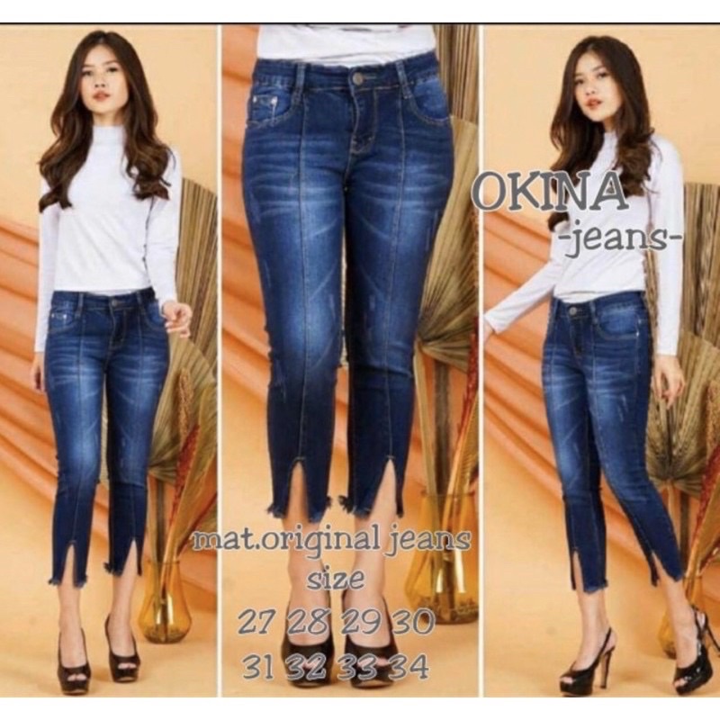 OKINA JEANS | CELANA JEANS WANITA 7/9 TERBARU | CELANA JEANS 7/9 KEKINIAN SOBEK BELAH