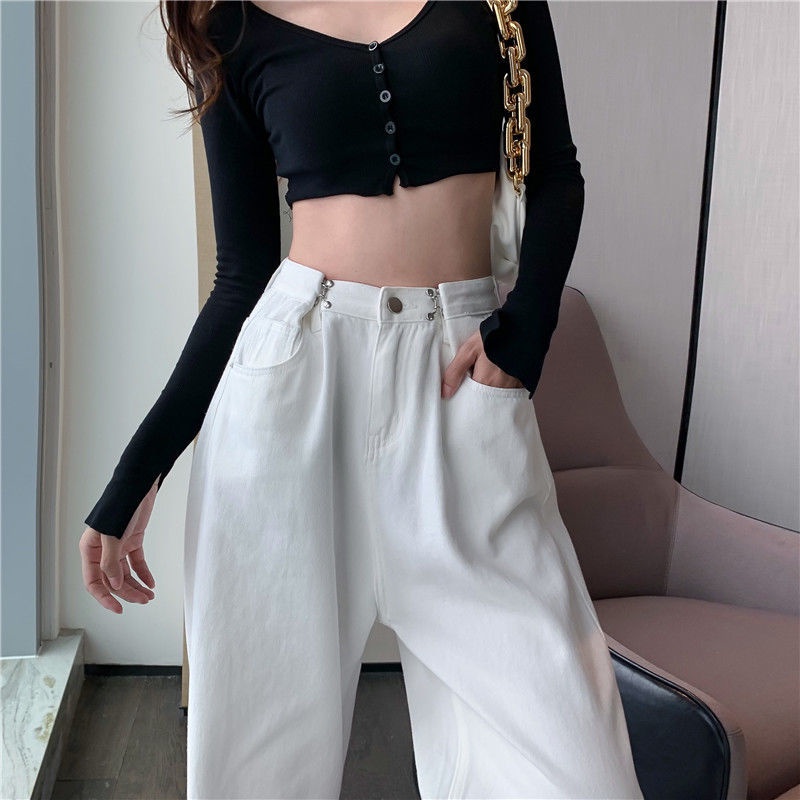 korean  vintage longgar high waist kulot putih celana jeans panjang wanita