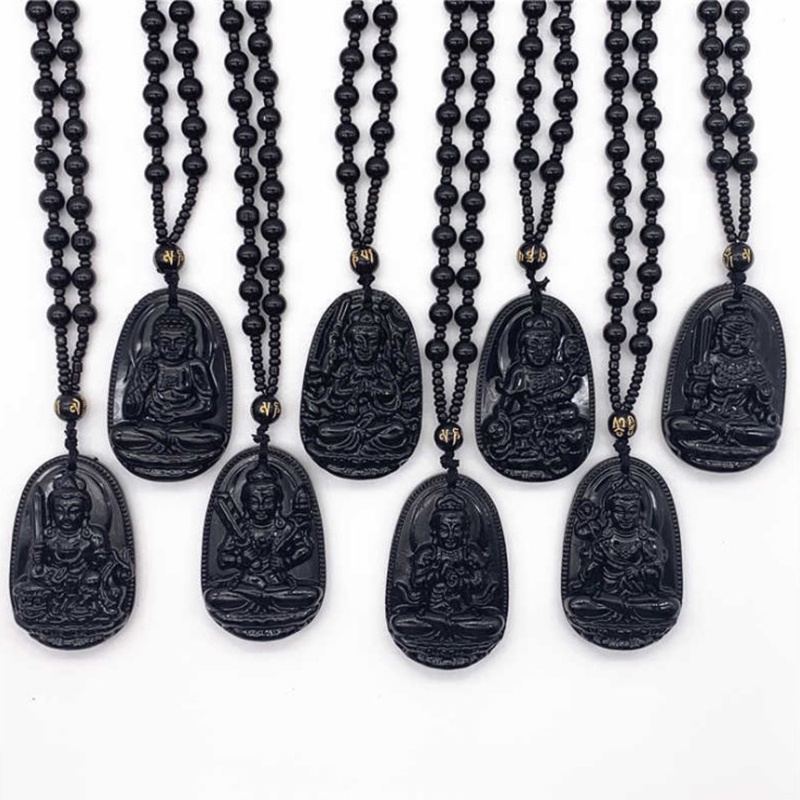 1pc Kalung Liontin Batu Obsidian Alami Ukiran Budha