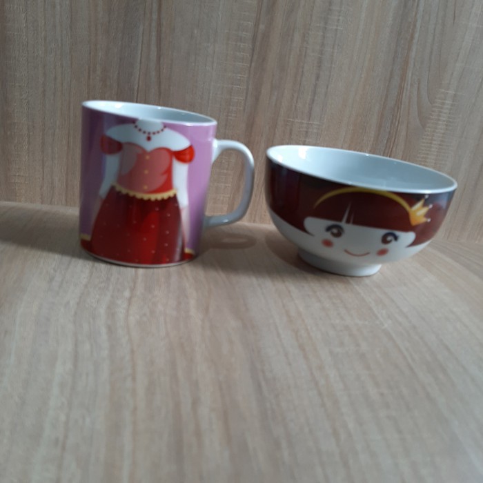 Cangkir Mangkok Keramik Set Karakter Lucu  Mug Bowls Motif Princess