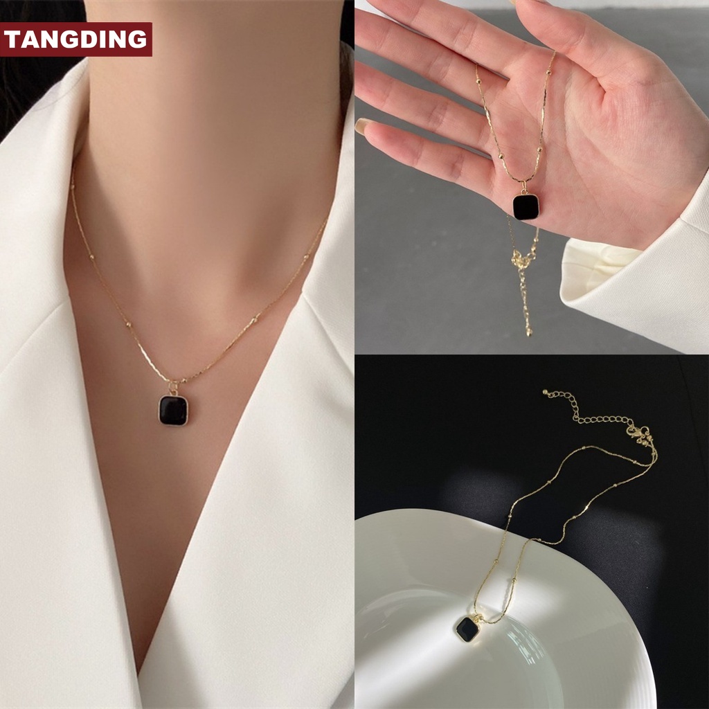 【COD Tangding】Black Block Pendant Clavicle Choker Design Necklace Fashion Chain Jewelry Accessories