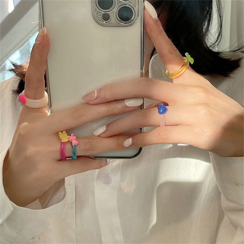 [ACKER] 2Pcs/set Cincin Resin Desain Hati Beruang Kartun Lucu Untuk Wanita