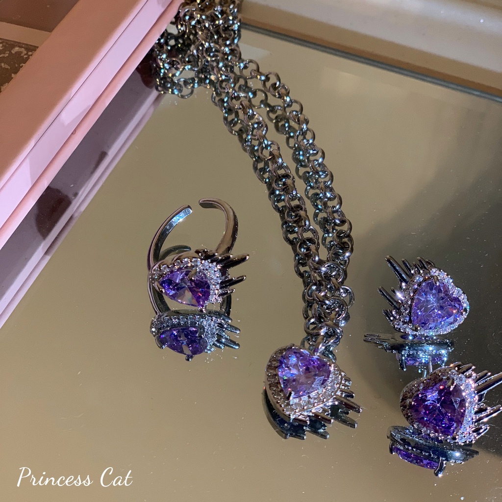 2pcs / Set Kalung Choker + Anting Tusuk Bentuk Hati Warna Ungu Untuk Perhiasan Wanita