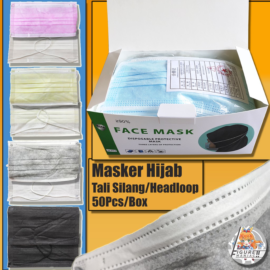 Figure Maniac - Masker Hijab Warna 3 PLY 1 Box isi 50 PCS Premium Murah Headloop