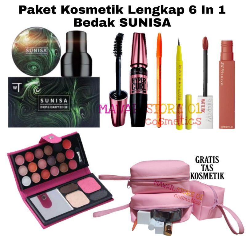 Paket lengkap kosmetik maybelline 6 in 1 bedak sunisa free bag