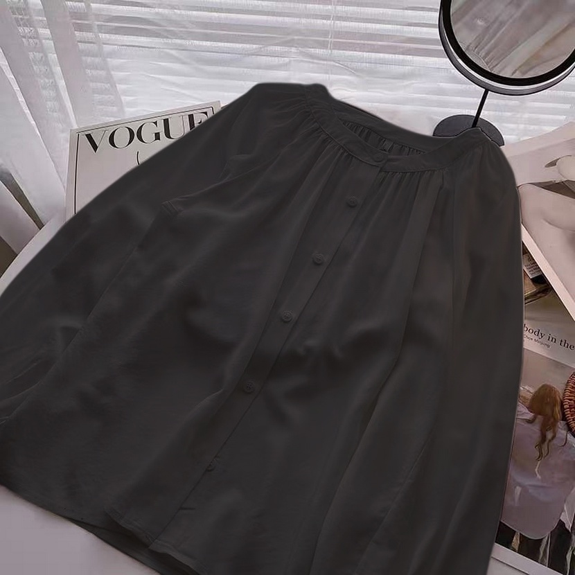 BLOUSE KOREA KERJA WANITA LENGAN PANJANG - OCTAVIA BLOUSE WANITA SIMPLE KATUN RAYON BUSUI FRIENDLY - ATASAN WANITA IMPORT <-Black